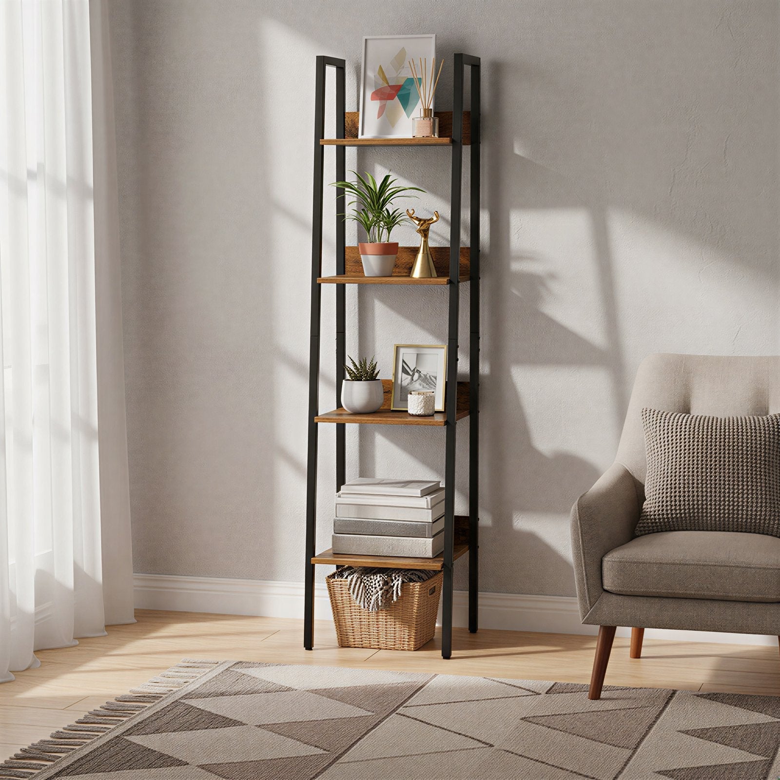 4-Tier Bookcase – Steel – Rustic Brown and Black – Freestanding Storage Shelf