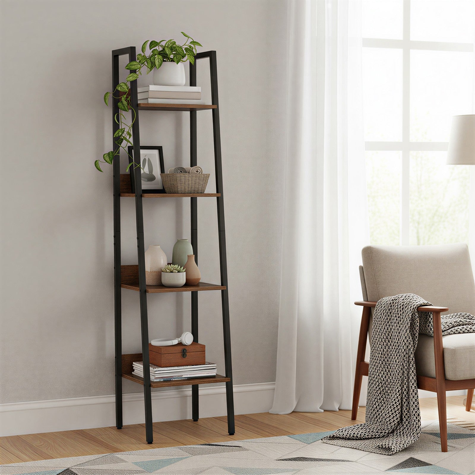 4-Tier Bookcase – Steel – Rustic Brown and Black – Freestanding Storage Shelf