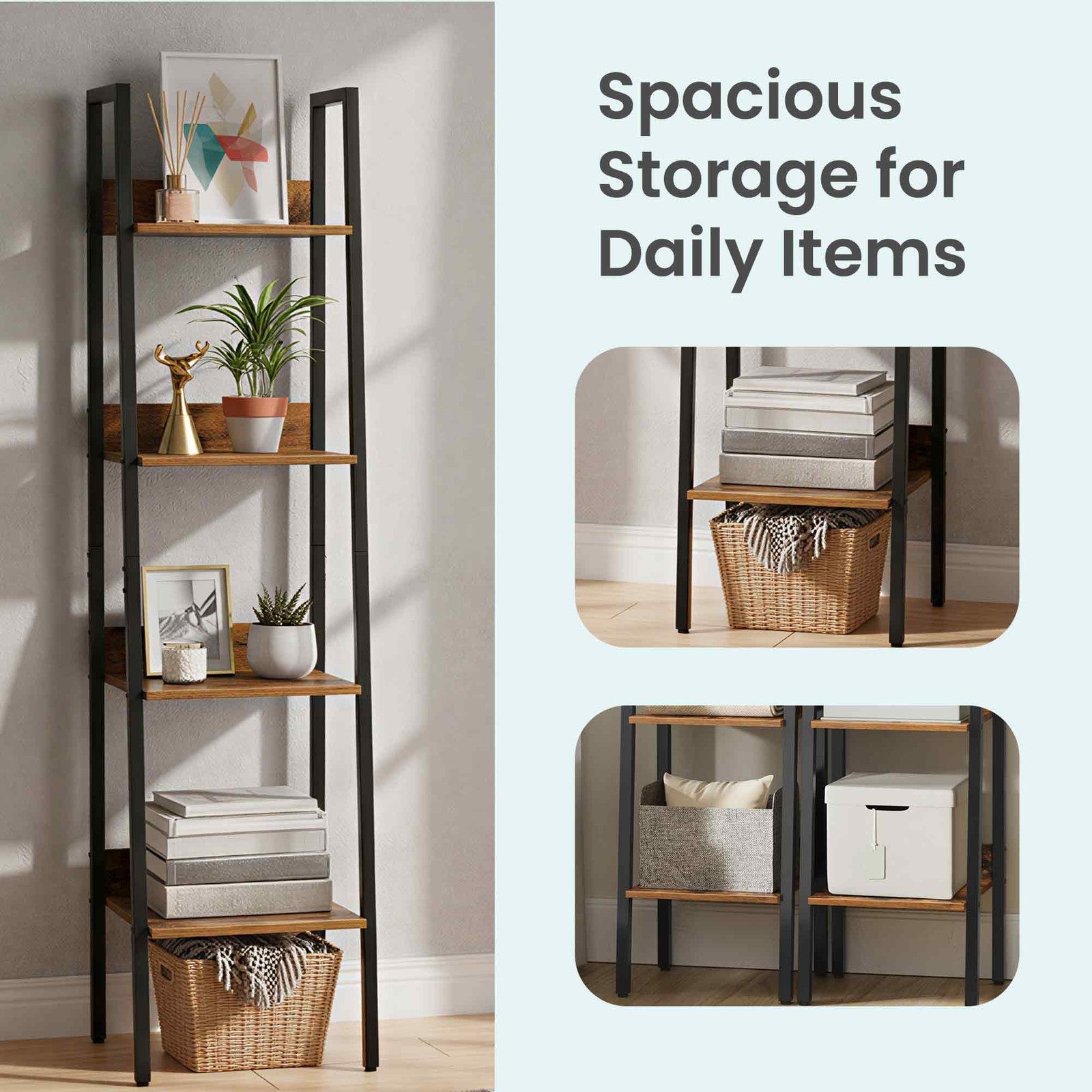 4-Tier Bookcase – Steel – Rustic Brown and Black – Freestanding Storage Shelf