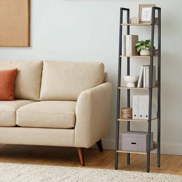 5-Tier Narrow Bookshelf – Wood – Rustic Brown and Ink Black – Ladder Design for Versatile Use