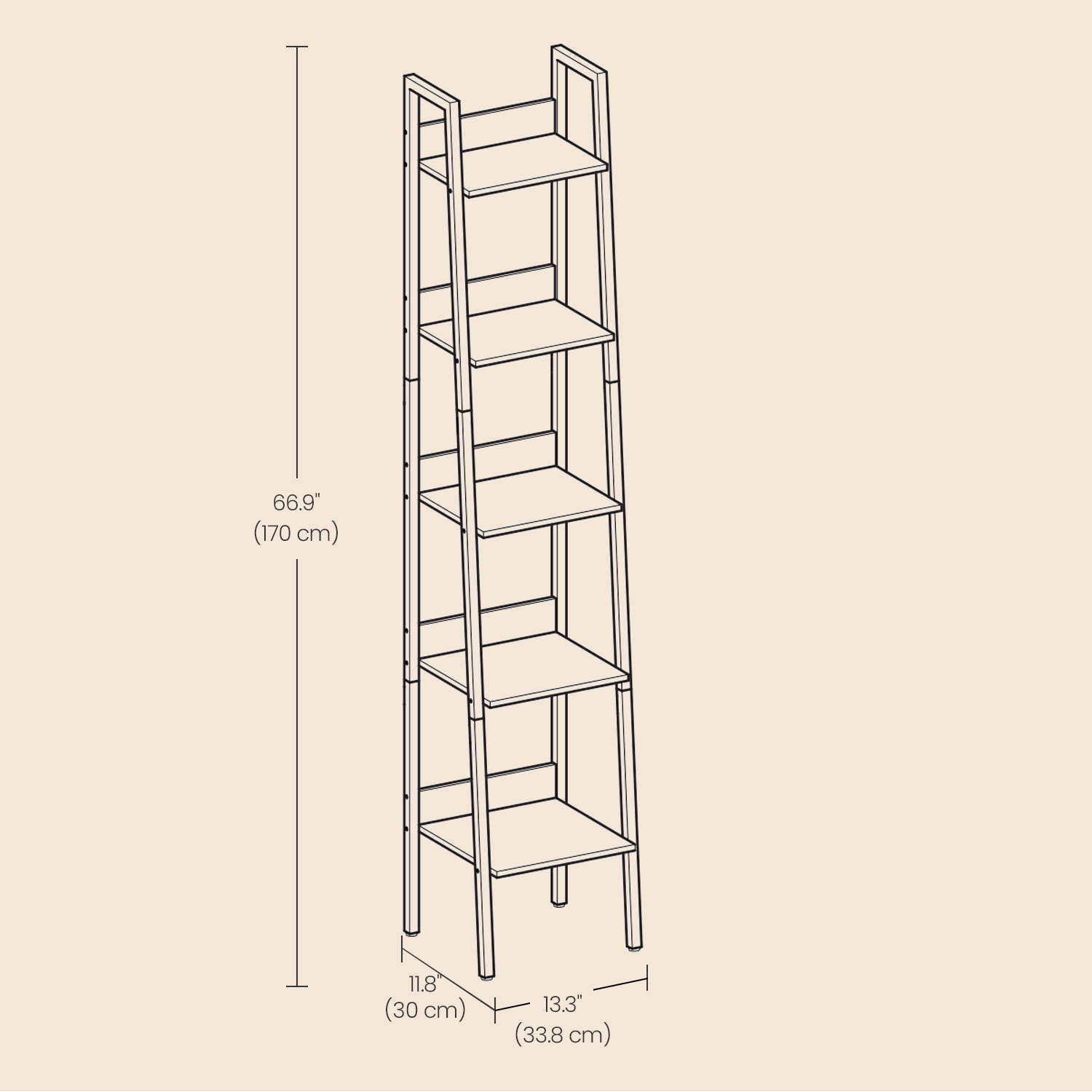 5-Tier Narrow Bookshelf – Wood – Rustic Brown and Ink Black – Ladder Design for Versatile Use