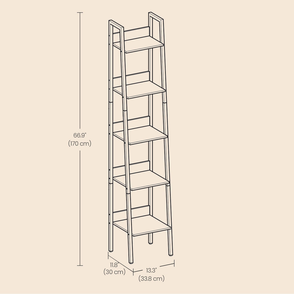 5-Tier Narrow Bookshelf – Wood – Rustic Brown and Ink Black – Ladder Design for Versatile Use