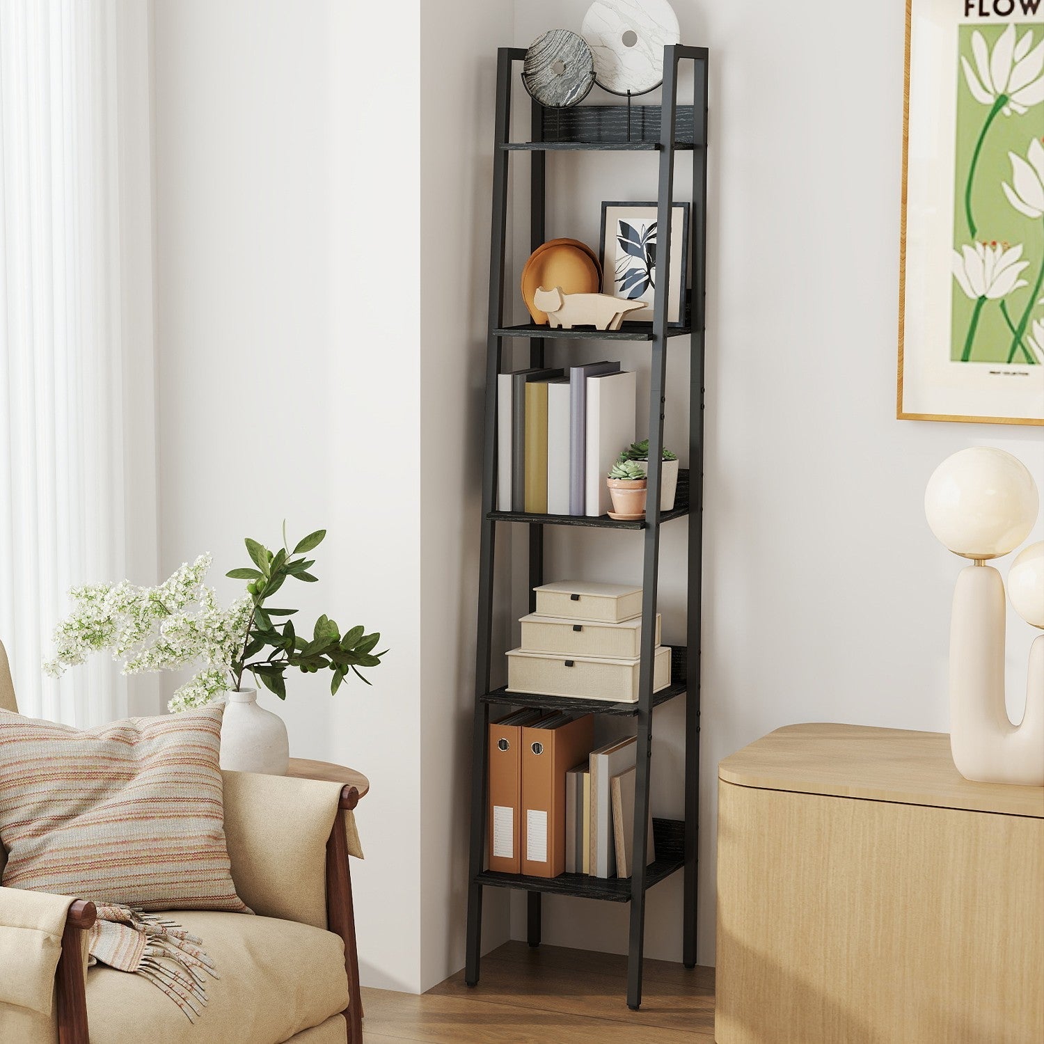 Narrow 5-Tier Bookshelf – Wood – Rustic Brown and Ink Black – Versatile Ladder Shelf for Home and Office