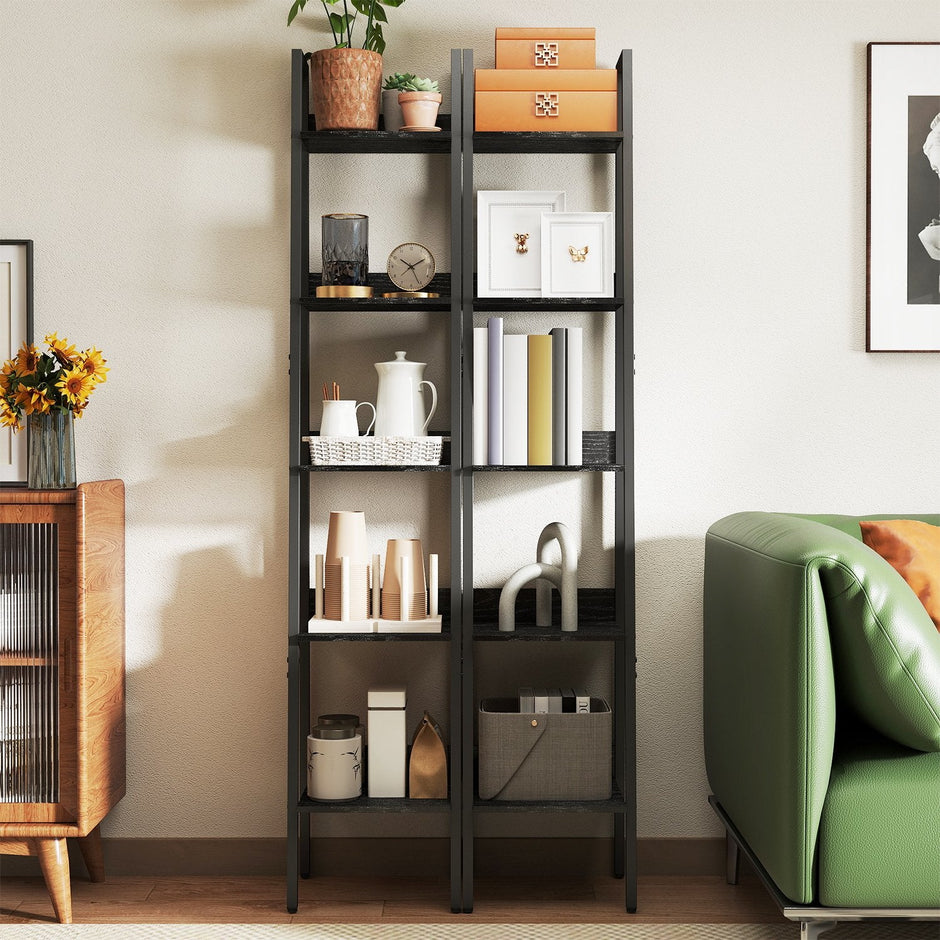 Narrow 5-Tier Bookshelf – Wood – Rustic Brown and Ink Black – Versatile Ladder Shelf for Home and Office