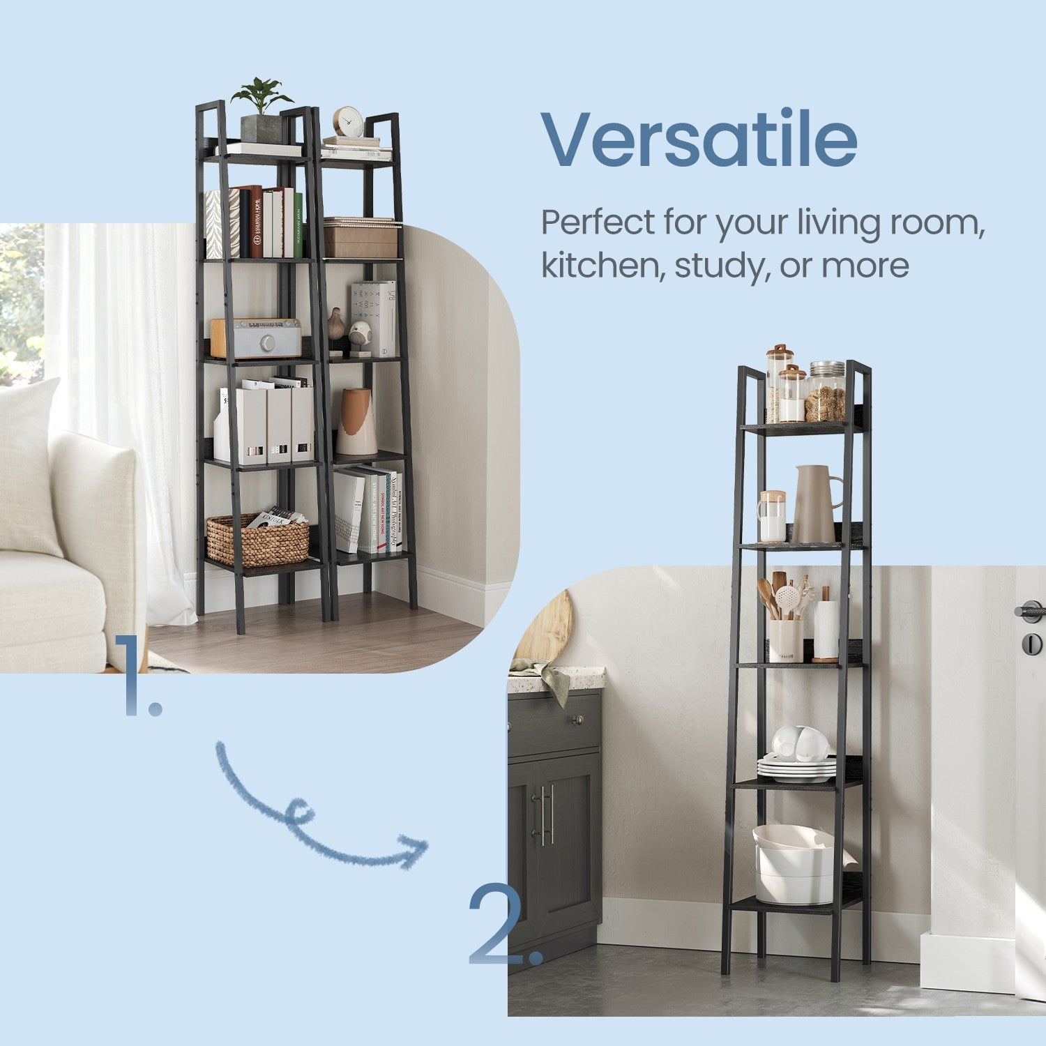 Narrow 5-Tier Bookshelf – Wood – Rustic Brown and Ink Black – Versatile Ladder Shelf for Home and Office