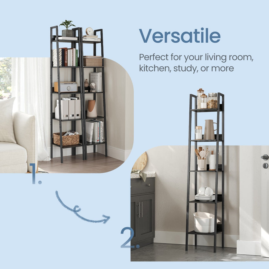 Narrow 5-Tier Bookshelf – Wood – Rustic Brown and Ink Black – Versatile Ladder Shelf for Home and Office