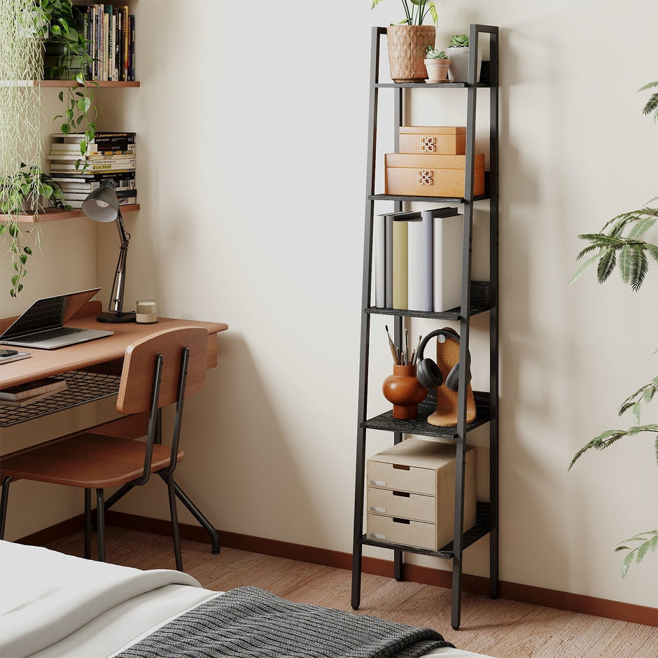 Narrow 5-Tier Bookshelf – Wood – Rustic Brown and Ink Black – Versatile Ladder Shelf for Home and Office