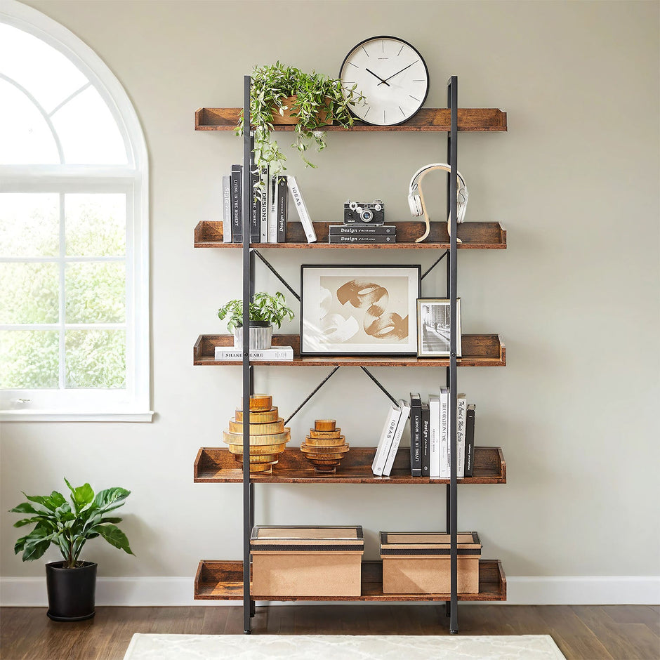 5-Tier Bookcase – Engineered Wood – Rustic Brown and Black – Spacious Storage Shelves