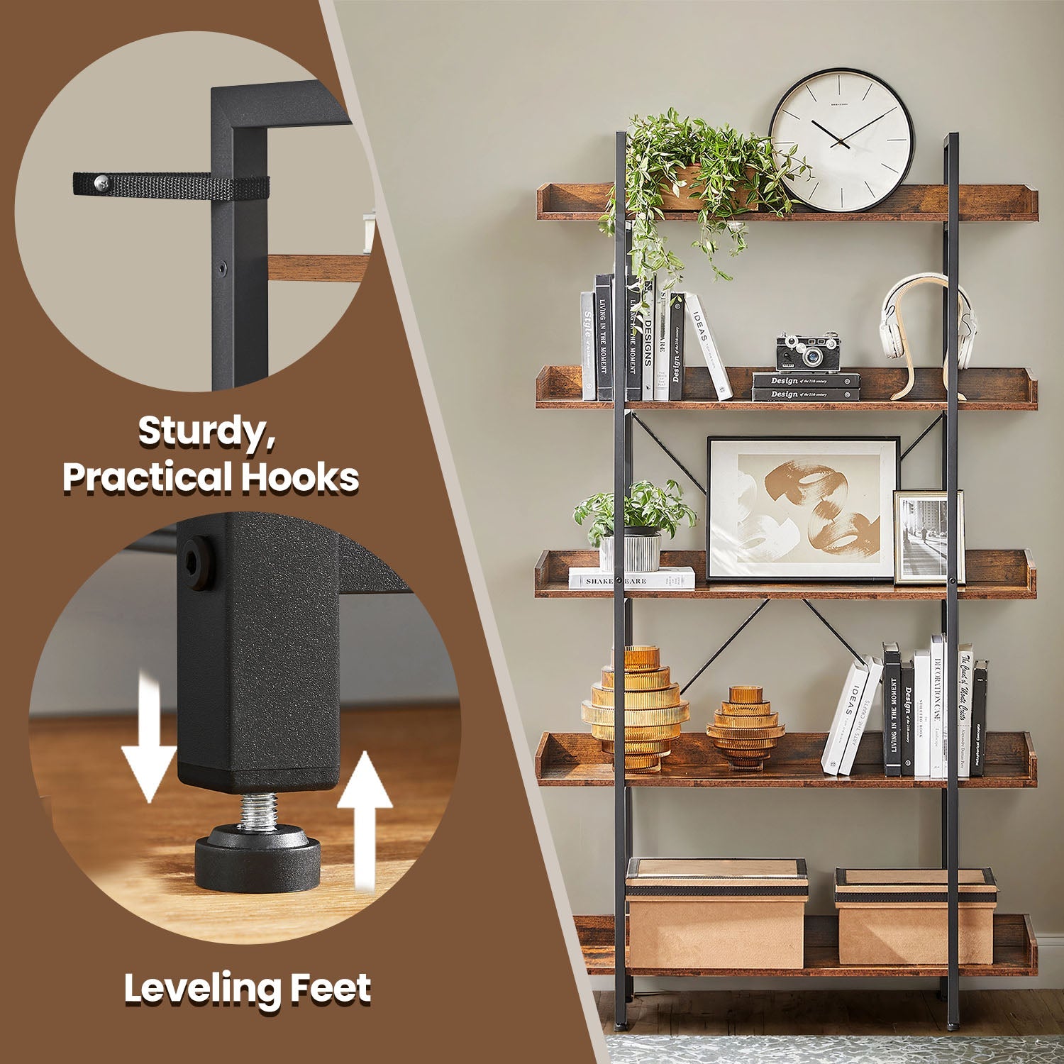 5-Tier Bookcase – Engineered Wood – Rustic Brown and Black – Spacious Storage Shelves