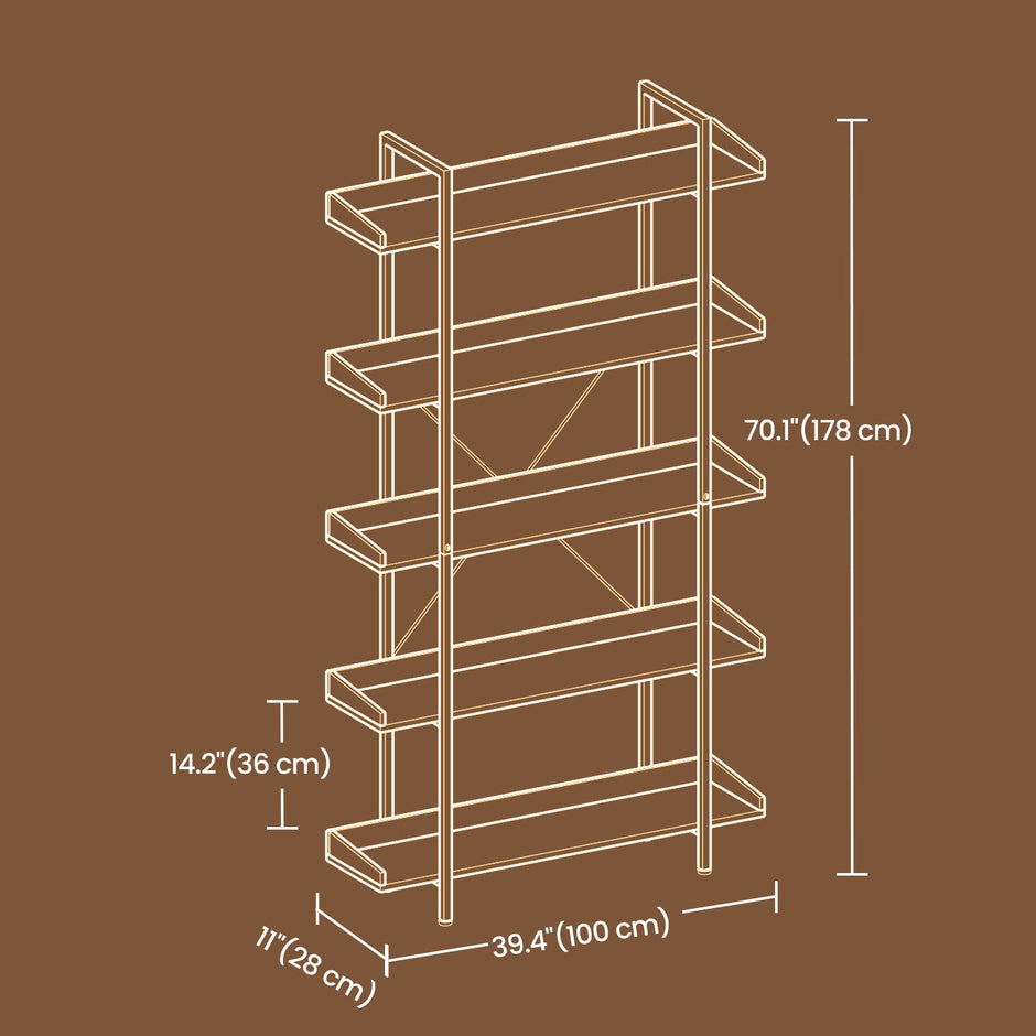 5-Tier Bookcase – Engineered Wood – Rustic Brown and Black – Spacious Storage Shelves