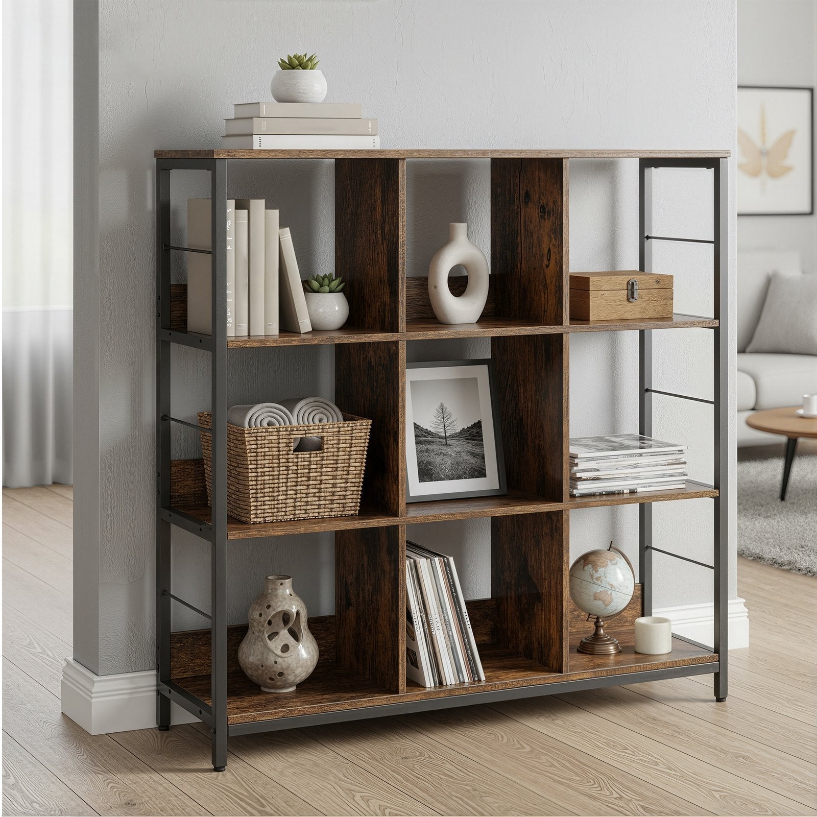 Ladder Shelf – Engineered Wood – Rustic Brown and Black – 4-Tier Display Bookcase