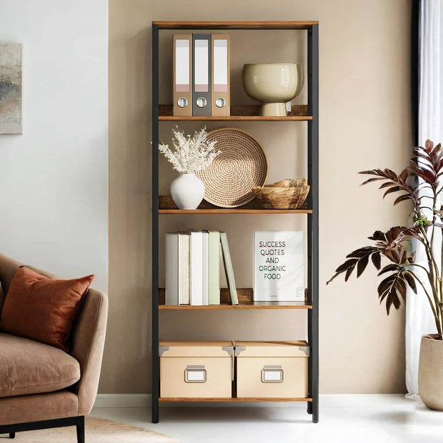 5-Tier Bookcase – Wood and Metal – Rustic Brown and Ink Black – Industrial Design with Back Panels
