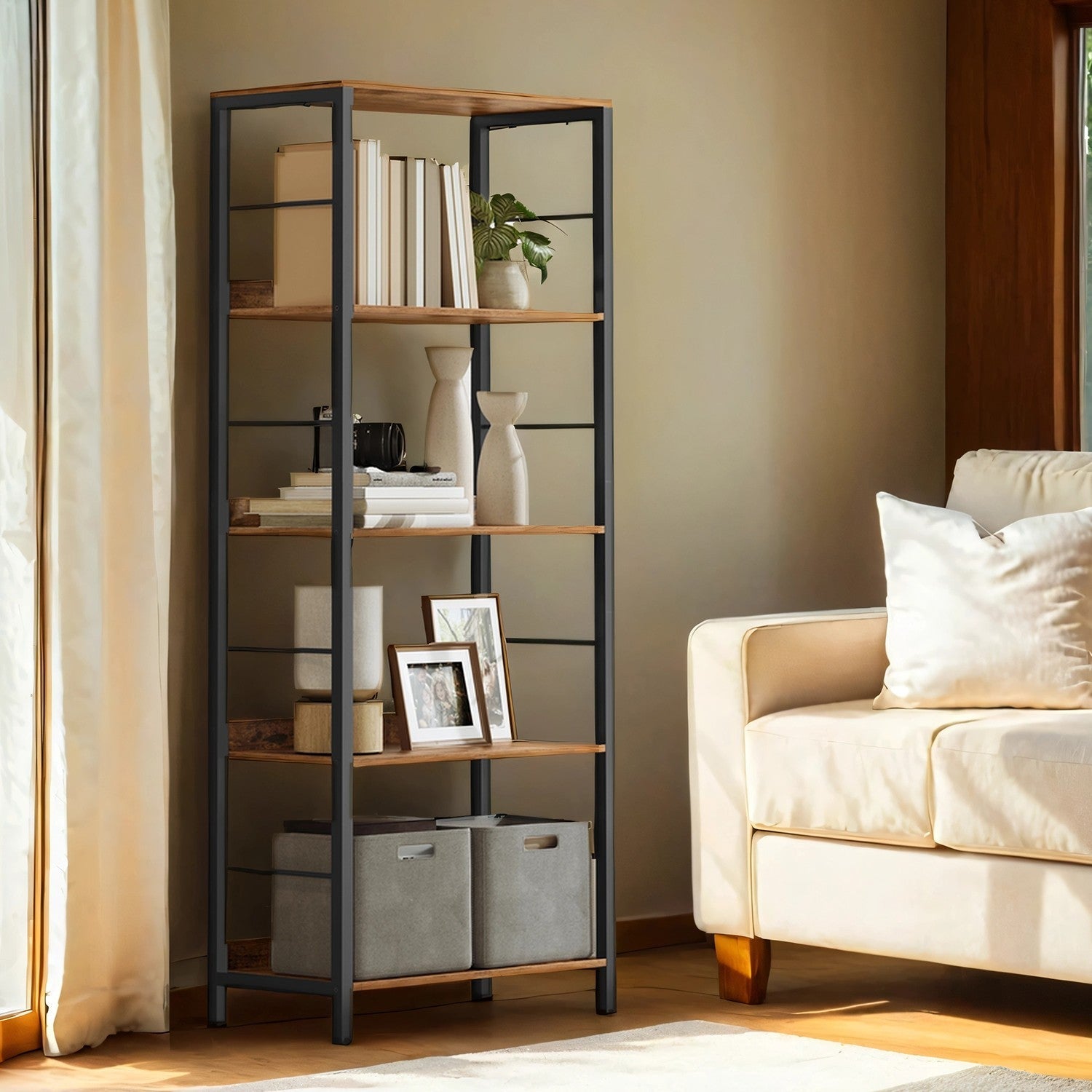 5-Tier Bookcase – Wood and Metal – Rustic Brown and Ink Black – Industrial Design with Back Panels