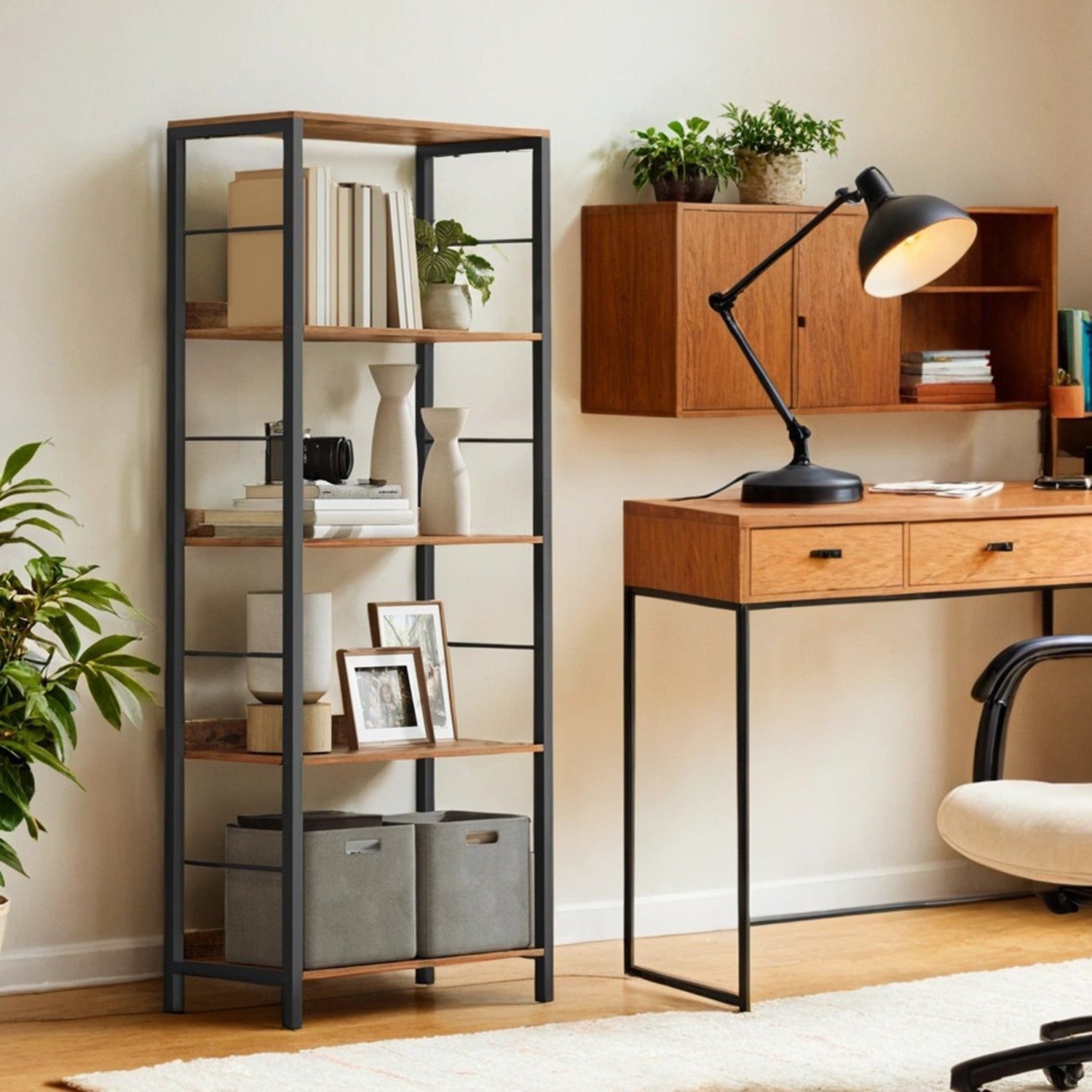5-Tier Bookcase – Wood and Metal – Rustic Brown and Ink Black – Industrial Design with Back Panels