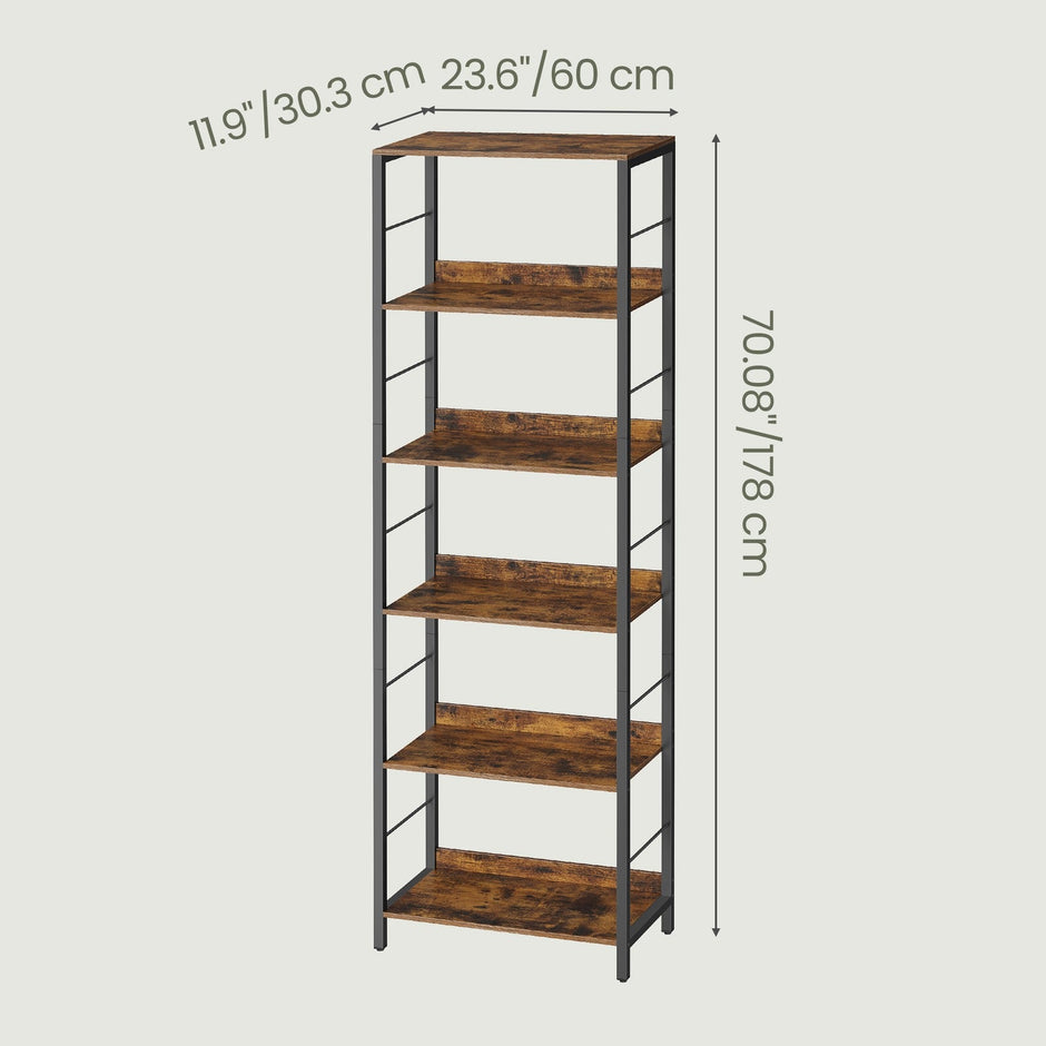 6-Tier Storage Shelf – Engineered Wood – Rustic Brown and Ink Black – Industrial Design