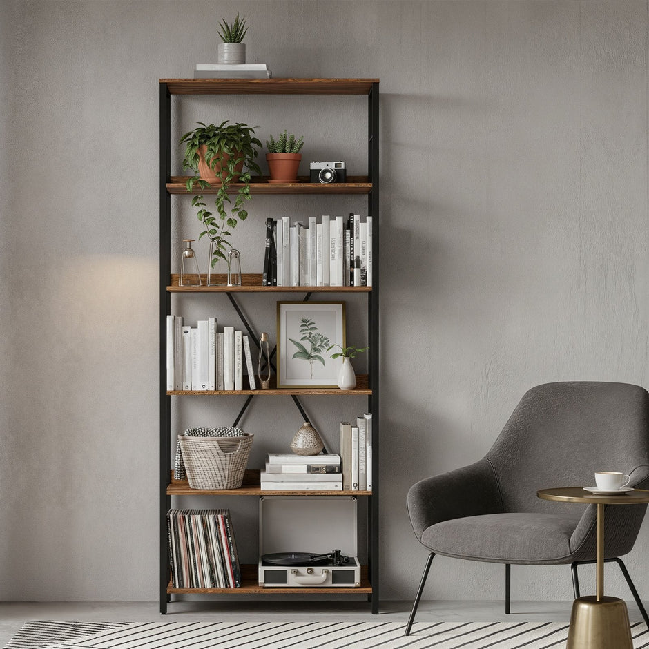6-Tier Storage Shelf – Engineered Wood – Rustic Brown and Ink Black – Industrial Design