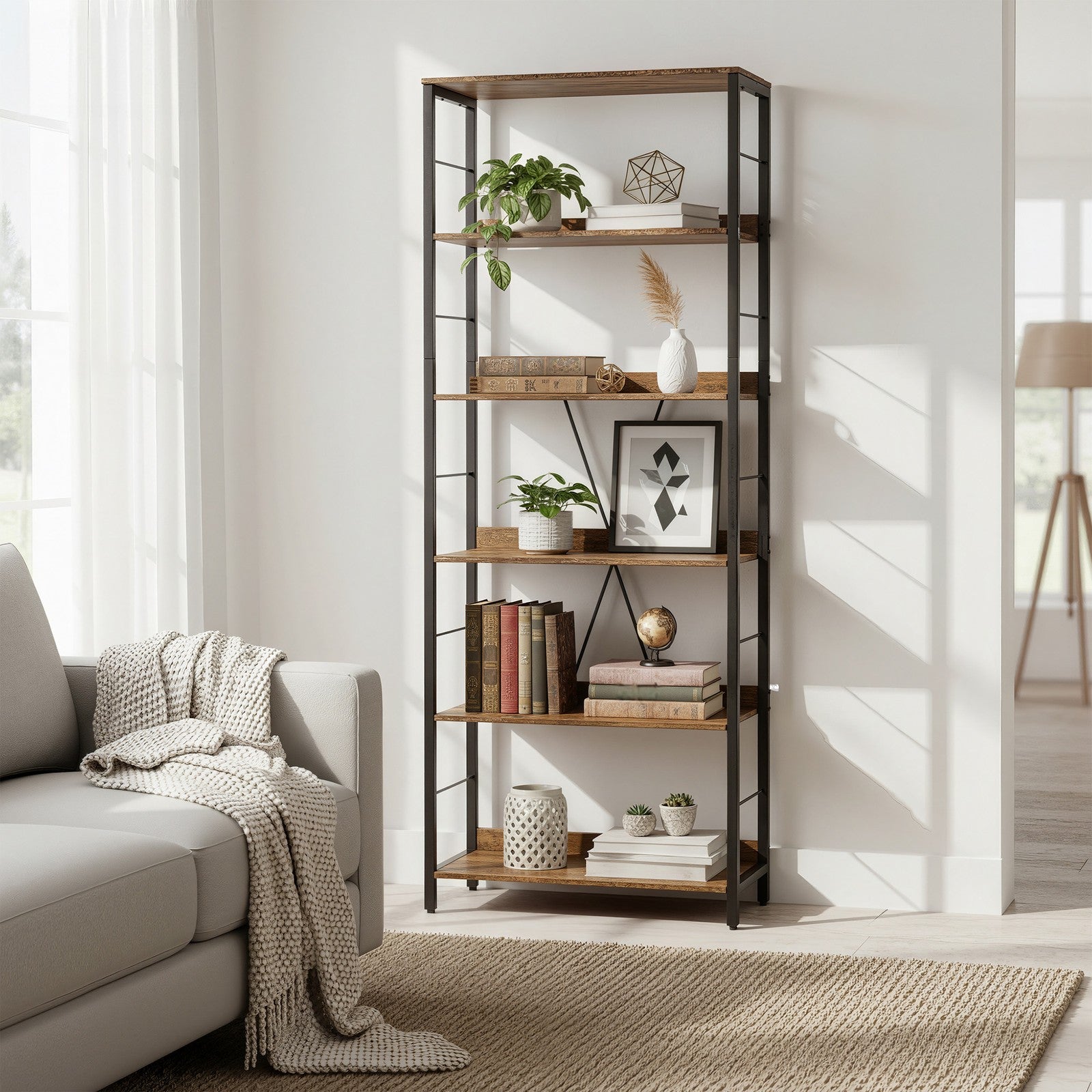 6-Tier Storage Shelf – Engineered Wood – Rustic Brown and Ink Black – Industrial Design