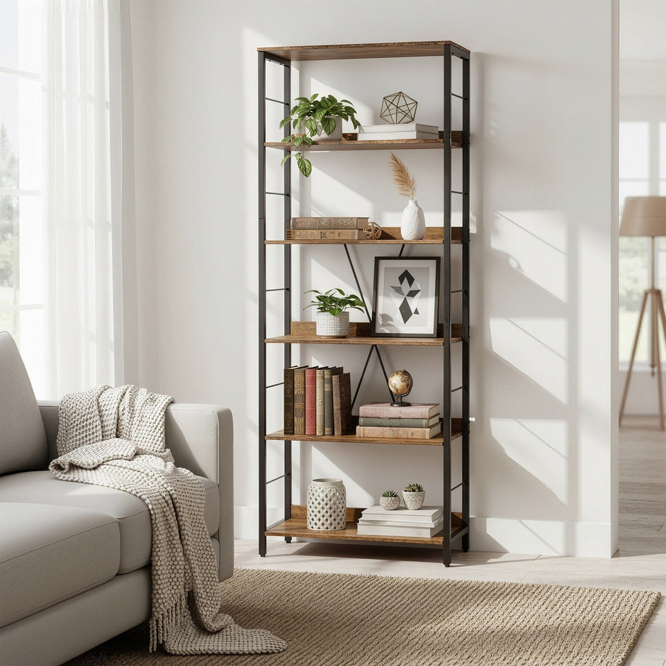6-Tier Storage Shelf – Engineered Wood – Rustic Brown and Ink Black – Industrial Design