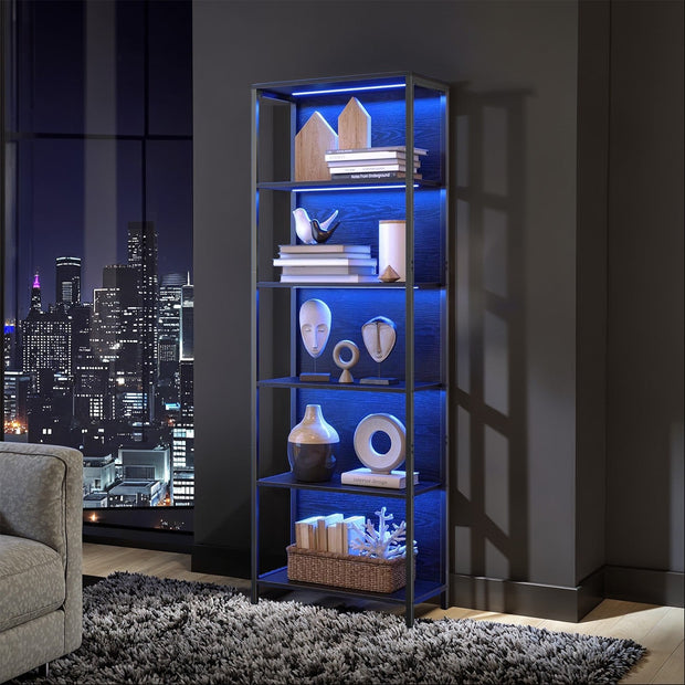 6-Tier Shelving Unit – Steel – Ebony Black – Dimmable LED Lighting