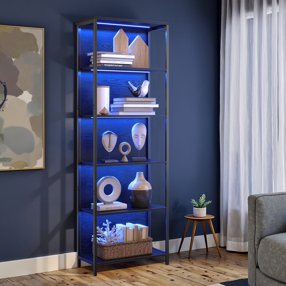 6-Tier Shelving Unit – Steel – Ebony Black – Dimmable LED Lighting