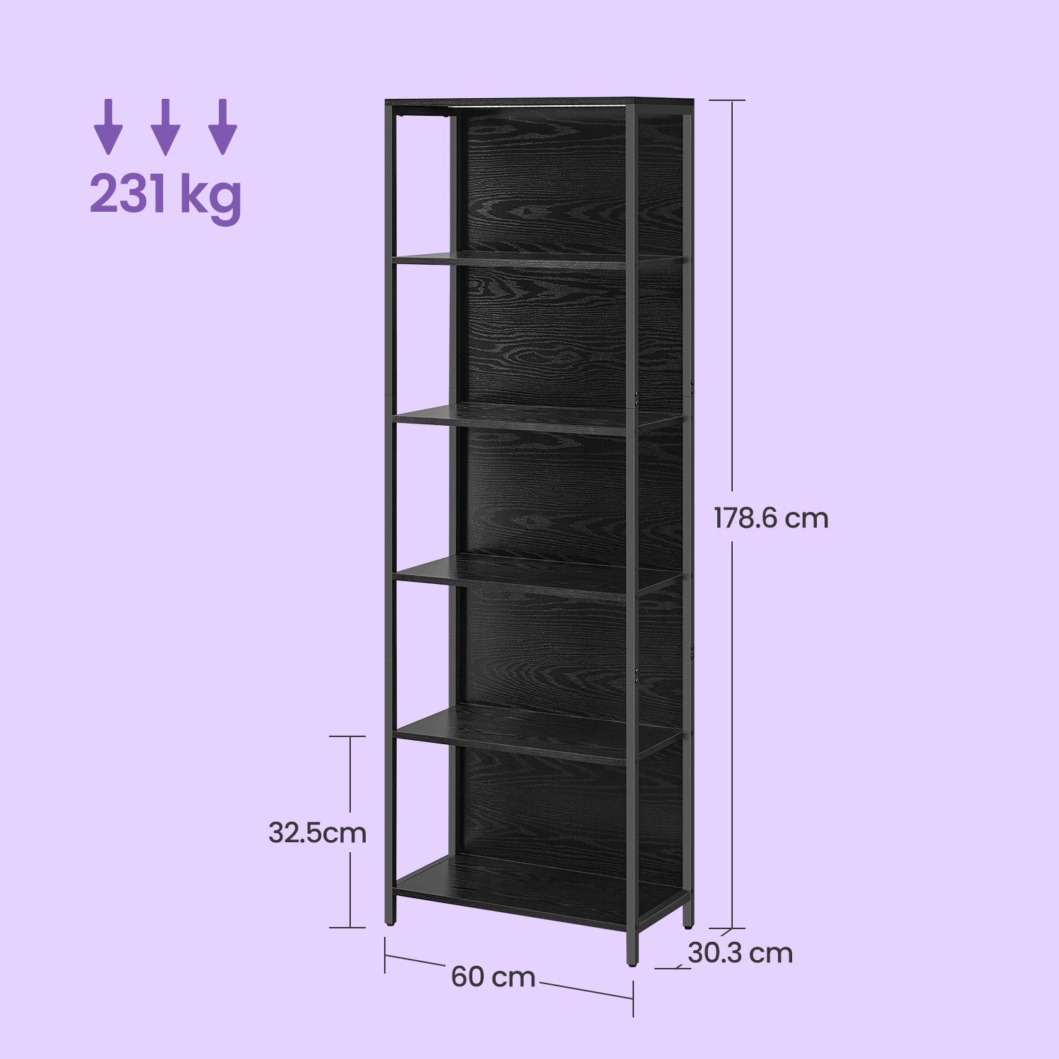 6-Tier Shelving Unit – Steel – Ebony Black – Dimmable LED Lighting
