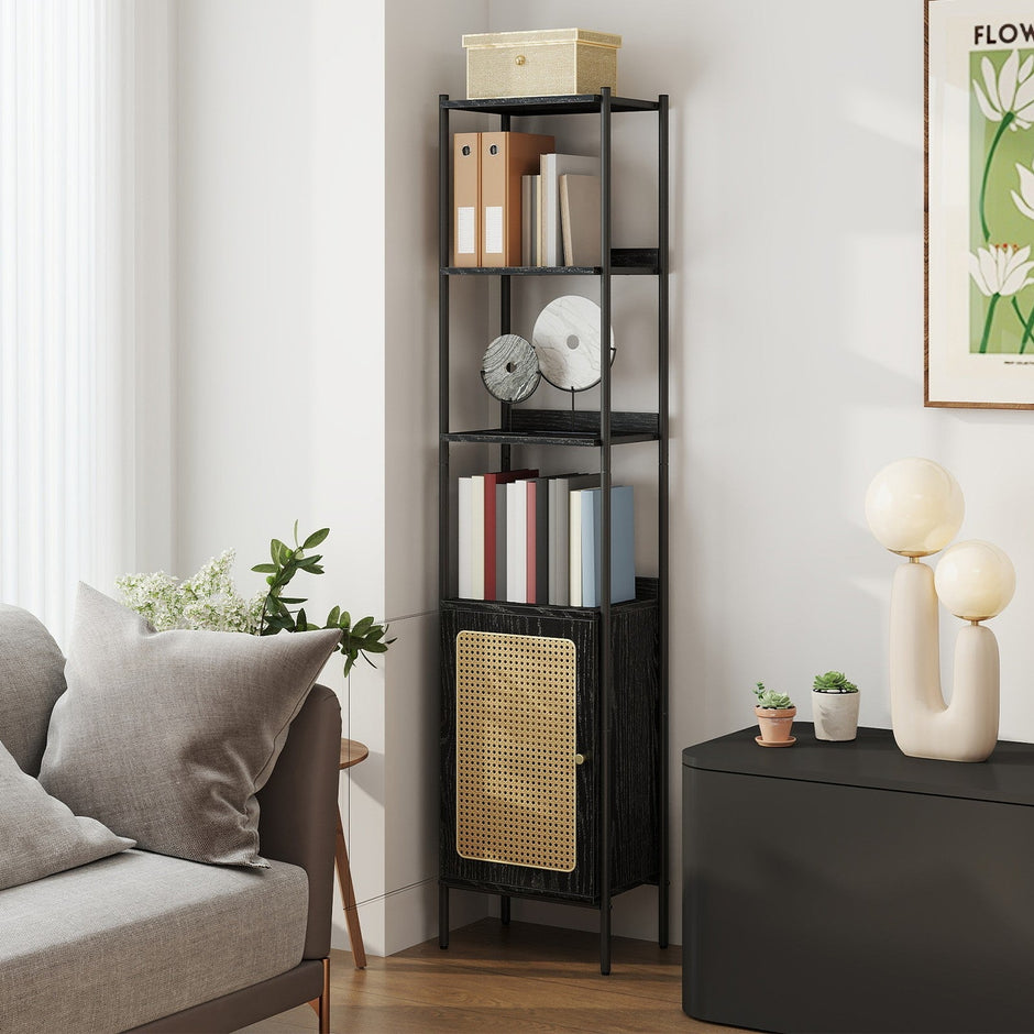 6-Tier Bookshelf – Metal Frame – Boho – Rattan-Like Door, Adjustable Shelves