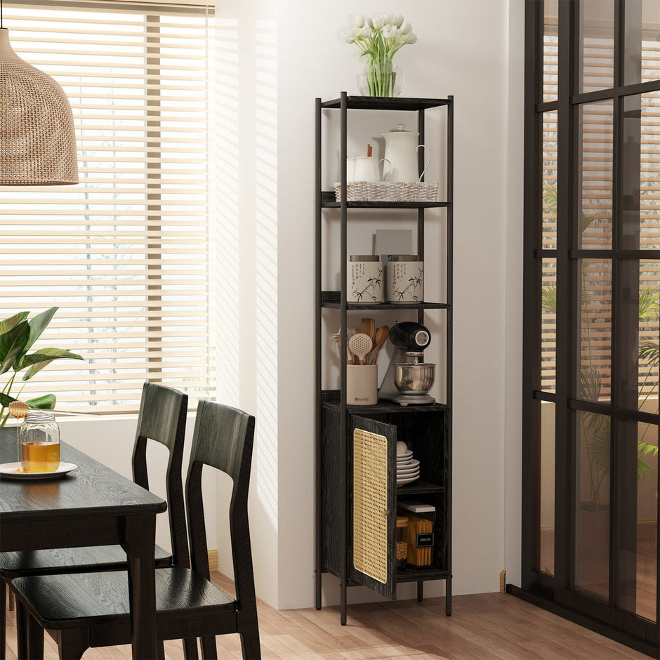 6-Tier Bookshelf – Metal Frame – Boho – Rattan-Like Door, Adjustable Shelves