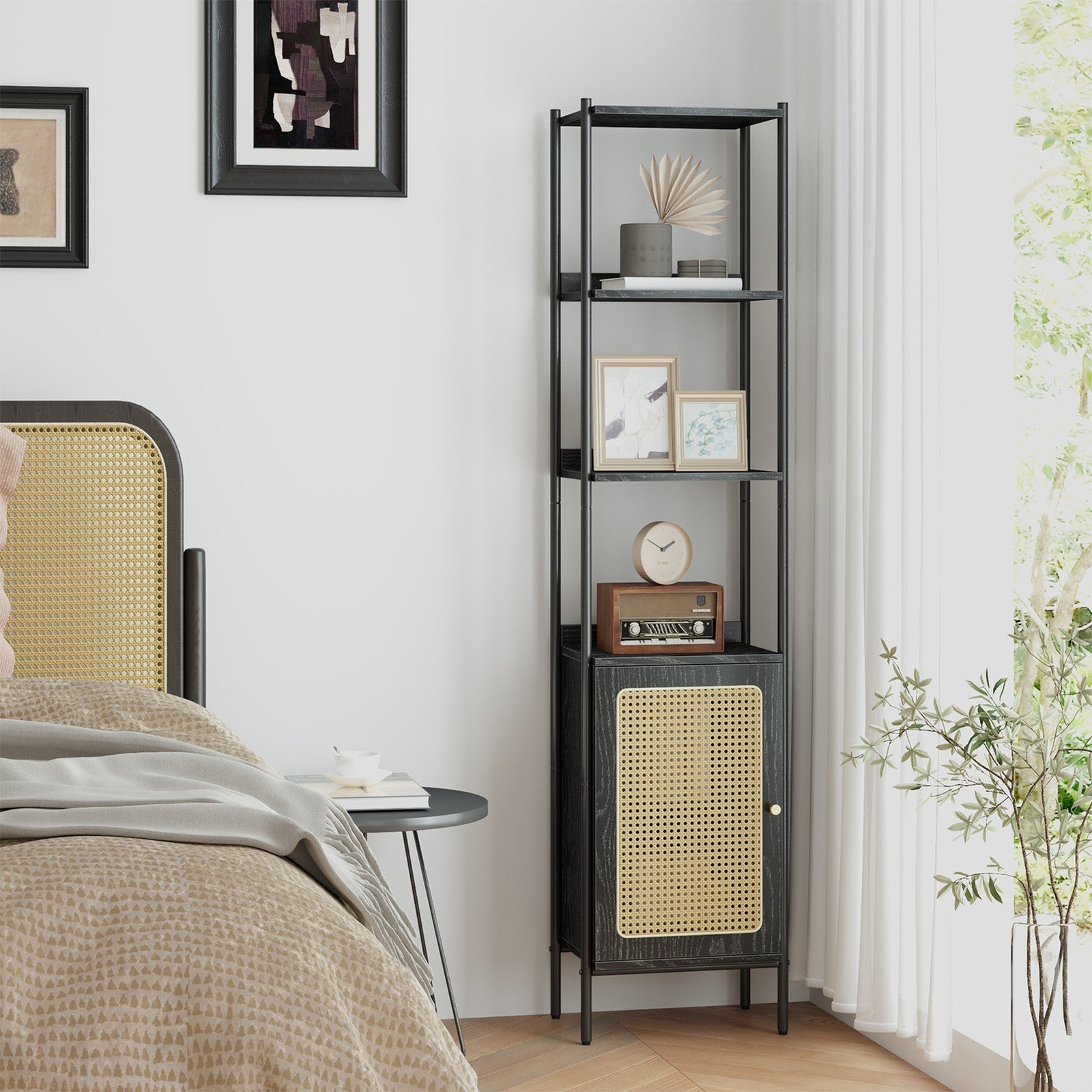 6-Tier Bookshelf – Metal Frame – Boho – Rattan-Like Door, Adjustable Shelves