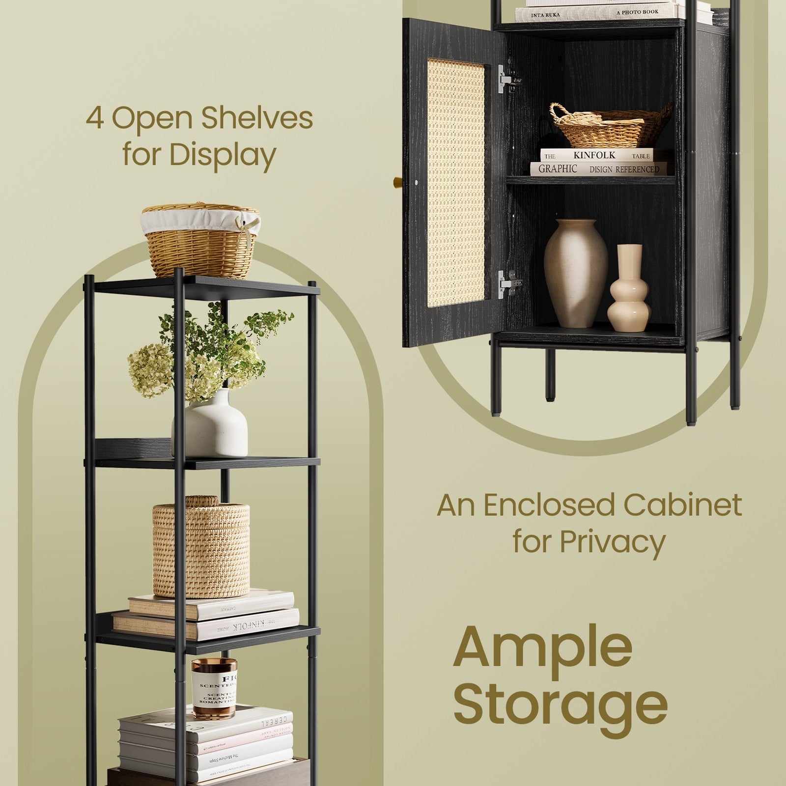 6-Tier Bookshelf – Metal Frame – Boho – Rattan-Like Door, Adjustable Shelves