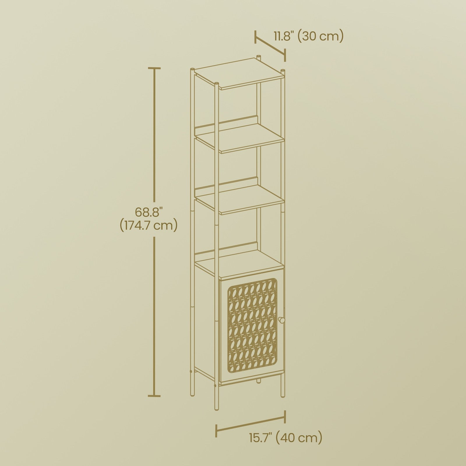 6-Tier Bookshelf – Metal Frame – Boho – Rattan-Like Door, Adjustable Shelves