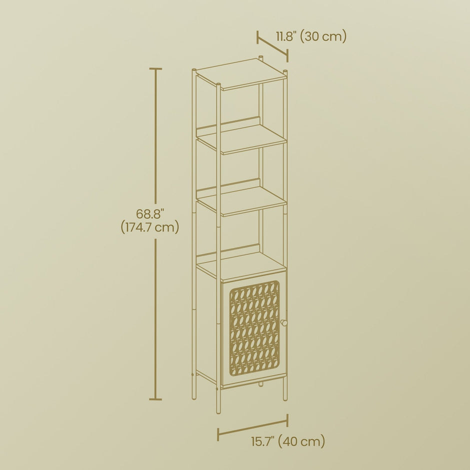6-Tier Bookshelf – Metal Frame – Boho – Rattan-Like Door, Adjustable Shelves