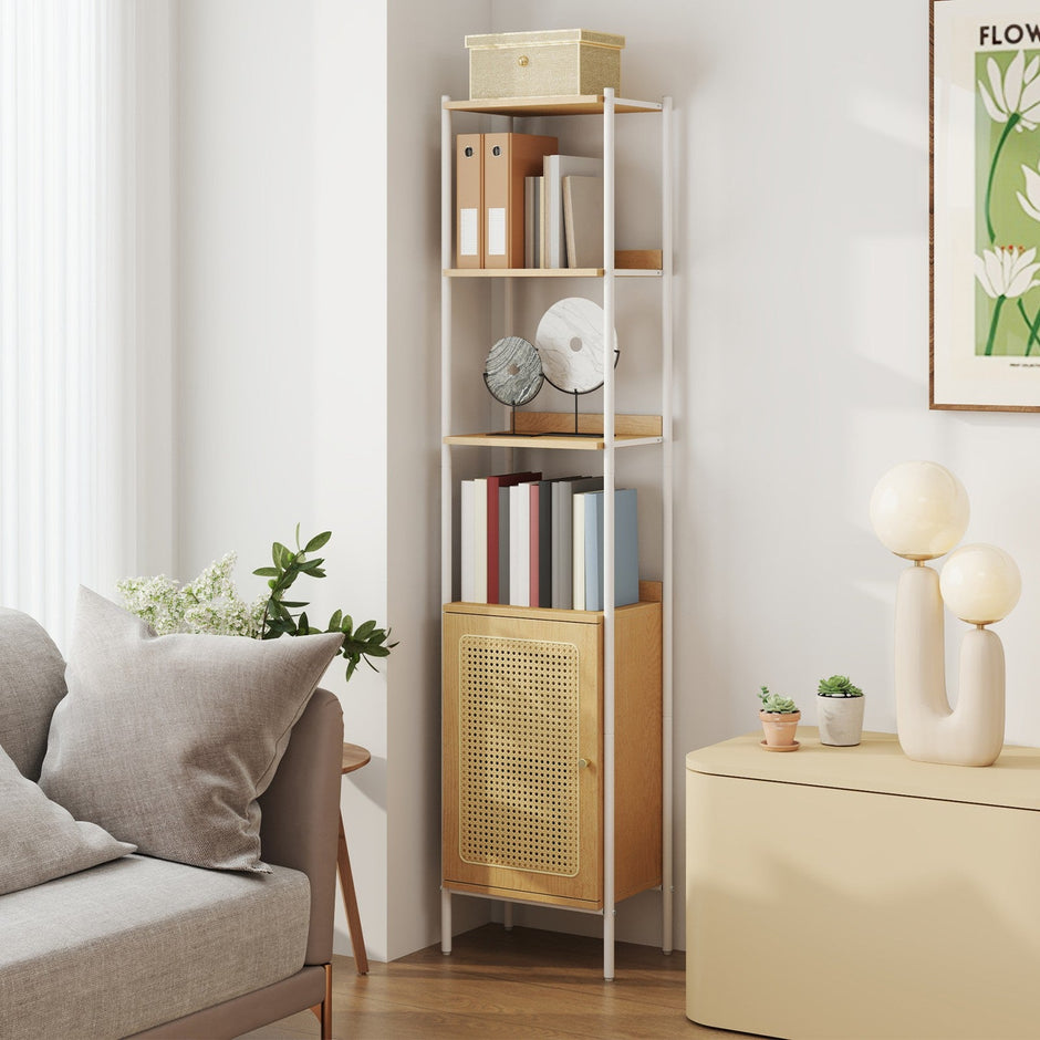 6-Tier Bookshelf – Metal Frame – Boho – Rattan-Like Door, Adjustable Shelves