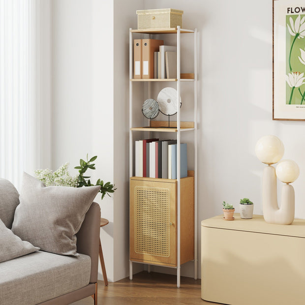 6-Tier Bookshelf – Metal Frame – Boho – Rattan-Like Door, Adjustable Shelves
