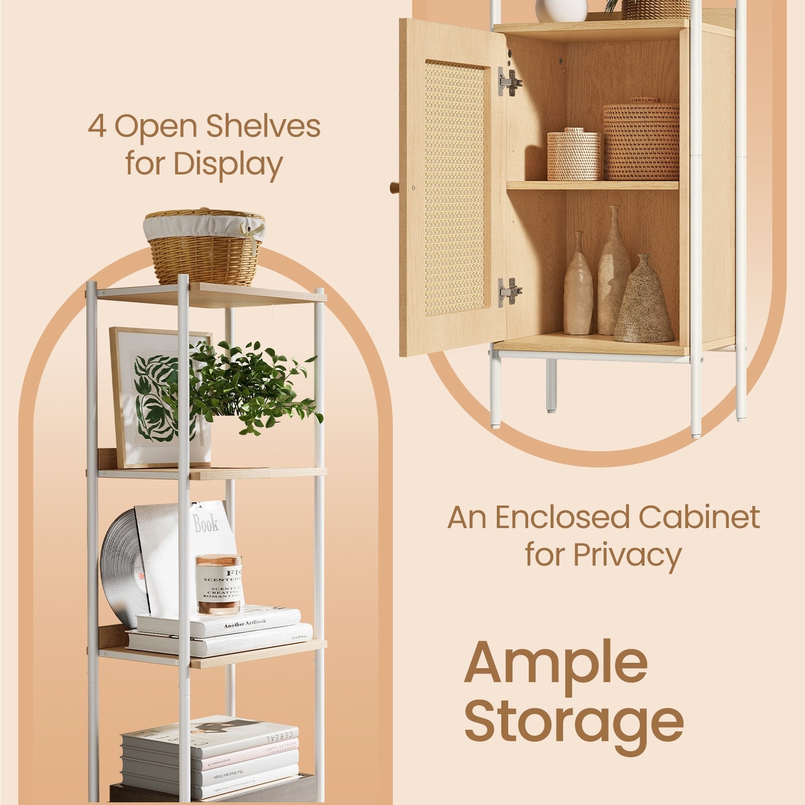 6-Tier Bookshelf – Metal Frame – Boho – Rattan-Like Door, Adjustable Shelves