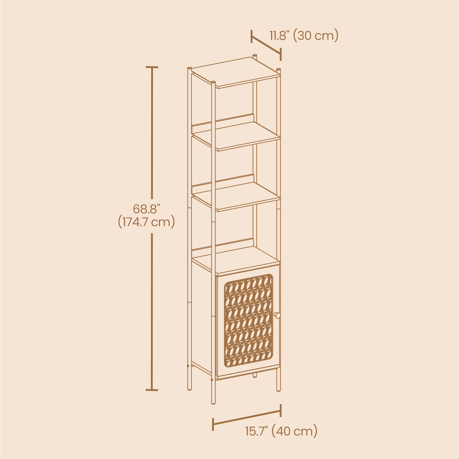 6-Tier Bookshelf – Metal Frame – Boho – Rattan-Like Door, Adjustable Shelves