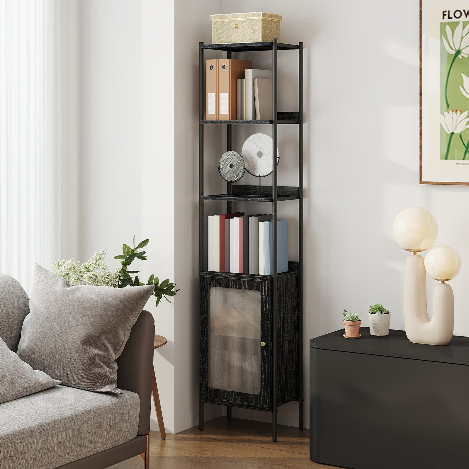 6-Tier Freestanding Bookcase – Metal Frame – Boho Style – Adjustable Shelves with Rattan-Like Door