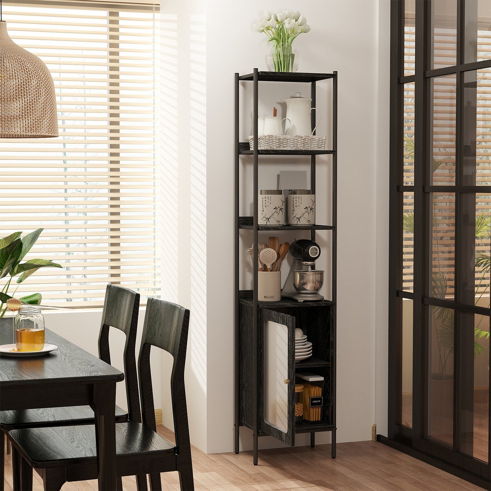6-Tier Freestanding Bookcase – Metal Frame – Boho Style – Adjustable Shelves with Rattan-Like Door