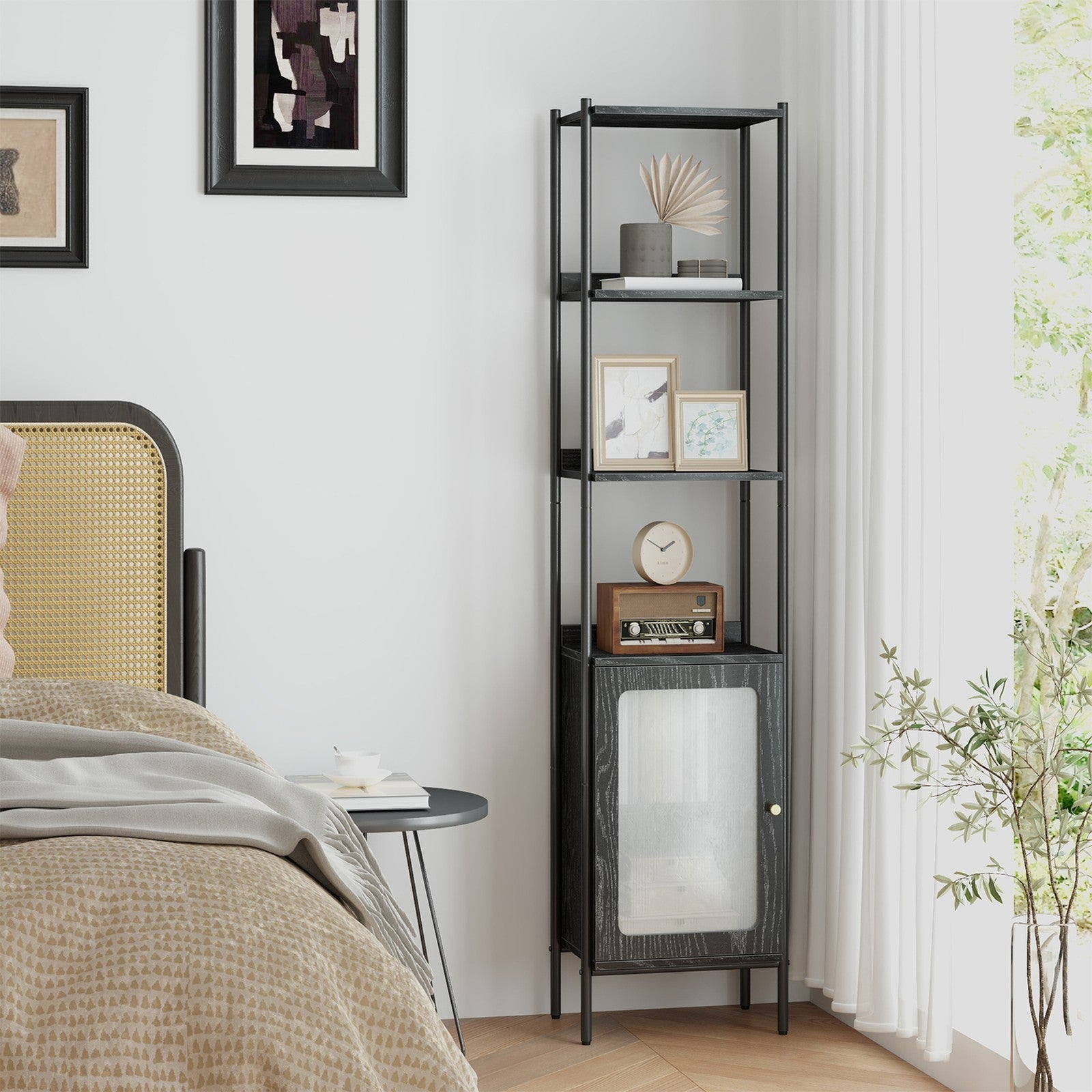 6-Tier Freestanding Bookcase – Metal Frame – Boho Style – Adjustable Shelves with Rattan-Like Door