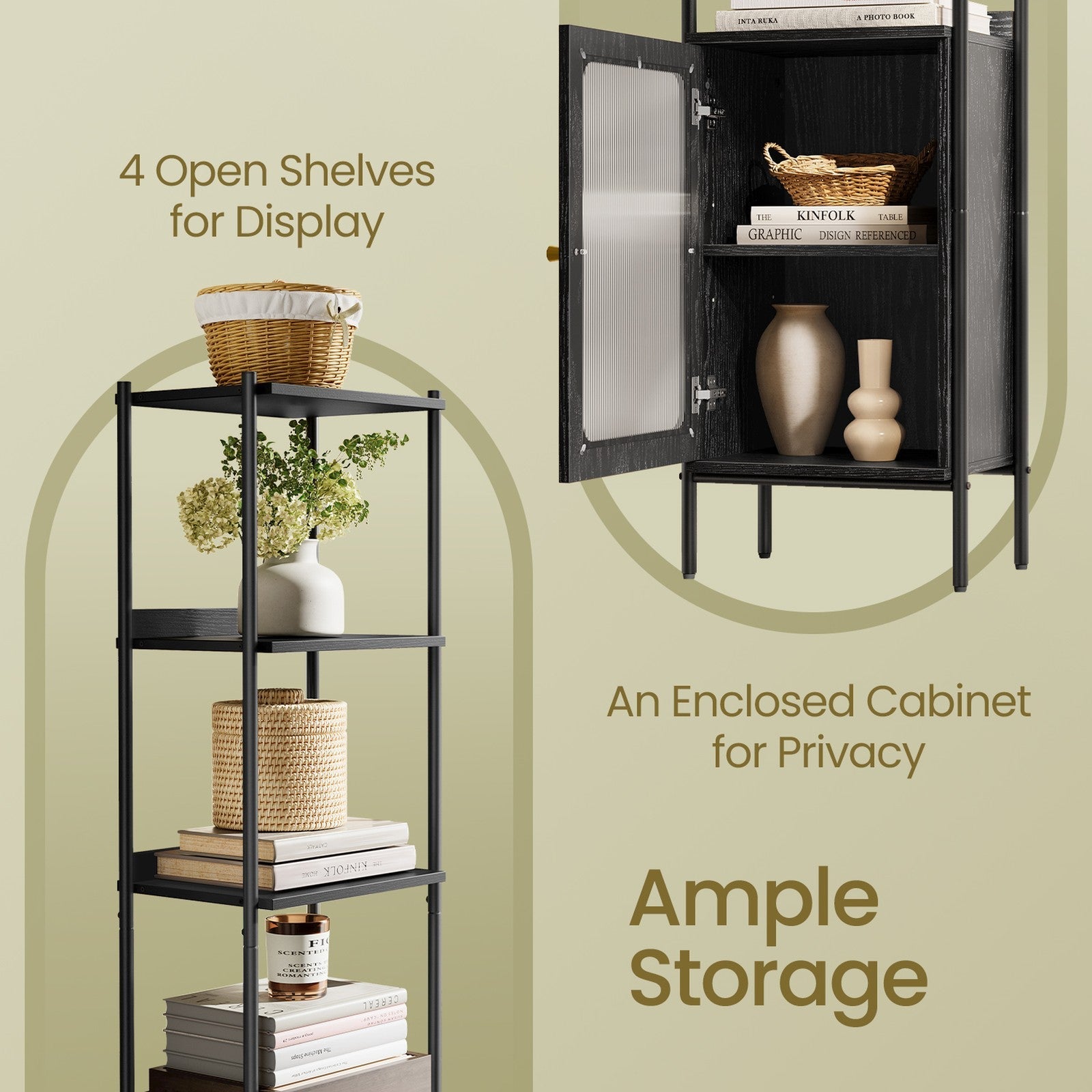 6-Tier Freestanding Bookcase – Metal Frame – Boho Style – Adjustable Shelves with Rattan-Like Door