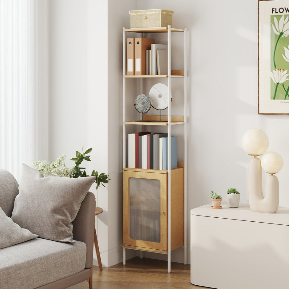 6-Tier Freestanding Bookcase – Metal Frame – Boho Style – Adjustable Shelves with Rattan-Like Door