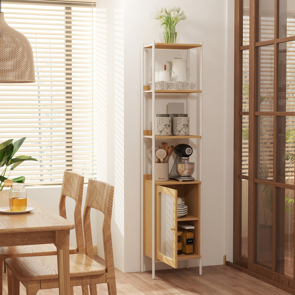 6-Tier Freestanding Bookcase – Metal Frame – Boho Style – Adjustable Shelves with Rattan-Like Door