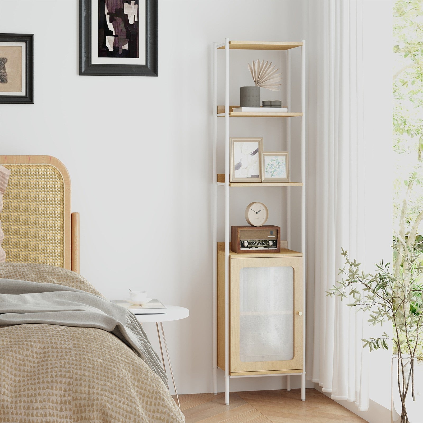 6-Tier Freestanding Bookcase – Metal Frame – Boho Style – Adjustable Shelves with Rattan-Like Door