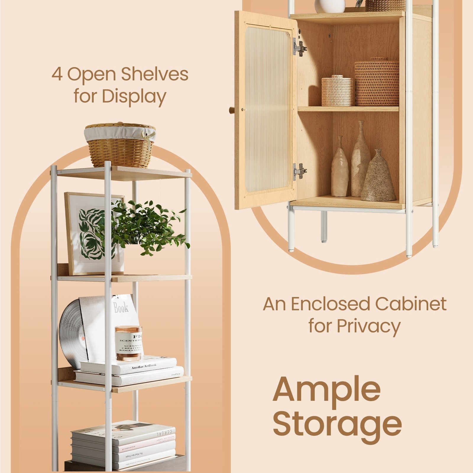 6-Tier Freestanding Bookcase – Metal Frame – Boho Style – Adjustable Shelves with Rattan-Like Door