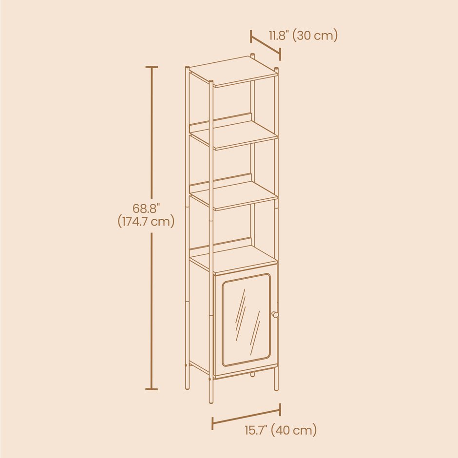6-Tier Freestanding Bookcase – Metal Frame – Boho Style – Adjustable Shelves with Rattan-Like Door