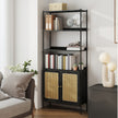 6-Tier Bookshelf – Metal Frame – Oak Beige and Pearl White – Adjustable Shelves with Rattan-Like Doors