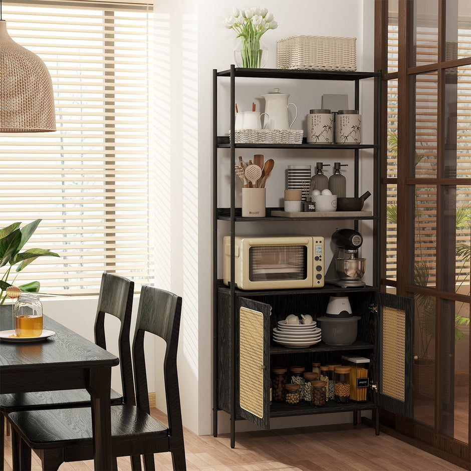 6-Tier Bookshelf – Metal Frame – Oak Beige and Pearl White – Adjustable Shelves with Rattan-Like Doors