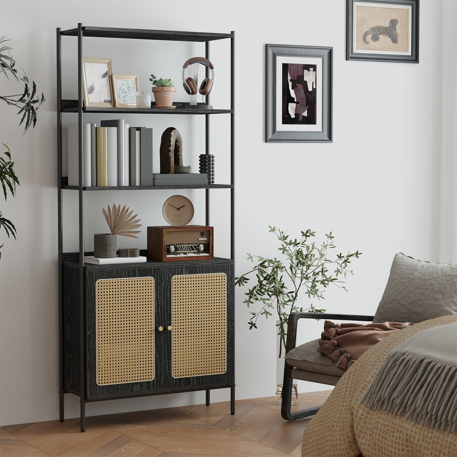 6-Tier Bookshelf – Metal Frame – Oak Beige and Pearl White – Adjustable Shelves with Rattan-Like Doors