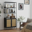 6-Tier Bookshelf – Metal Frame – Oak Beige and Pearl White – Adjustable Shelves with Rattan-Like Doors