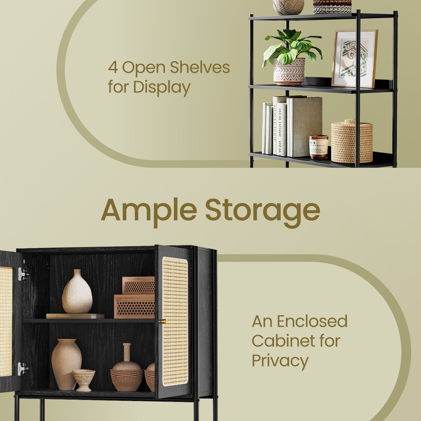 6-Tier Bookshelf – Metal Frame – Oak Beige and Pearl White – Adjustable Shelves with Rattan-Like Doors