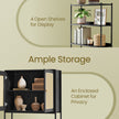 6-Tier Bookshelf – Metal Frame – Oak Beige and Pearl White – Adjustable Shelves with Rattan-Like Doors